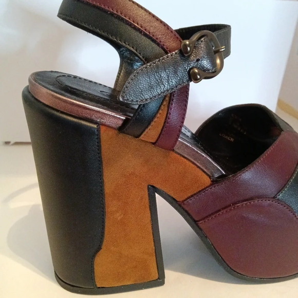 COACH Platform Sandal Leather Burgundy Black Ankle Strap 37.5 - Picture 3 of 14